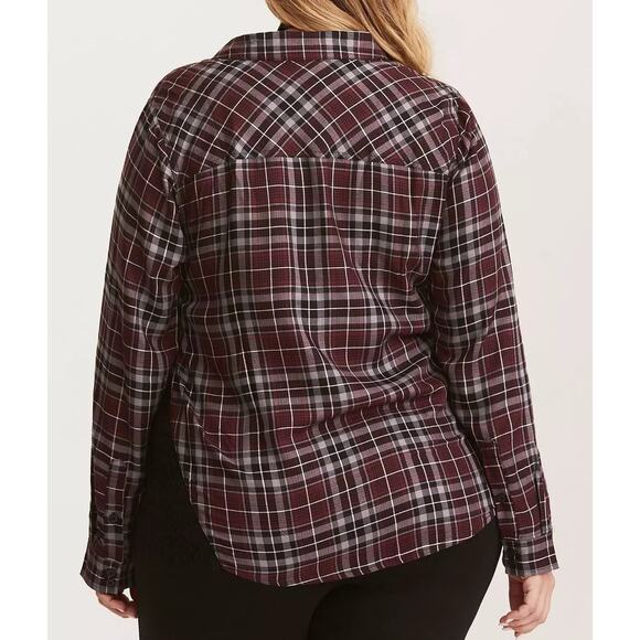 Torrid Camp Shirt Womens 1X Burgundy Gray Black Plaid Lace Button Up Soft Grunge - Picture 5 of 16